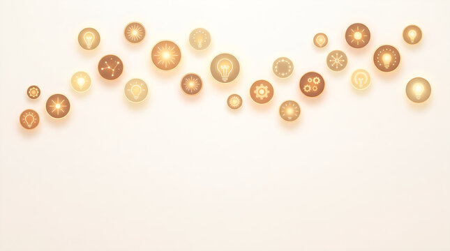 glowing light bulb icons and engineering gears on minimalist white background with copy space