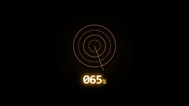 Futuristic golden circular loading HUD element with rotating rings and an incrementing percentage counter against a black background.