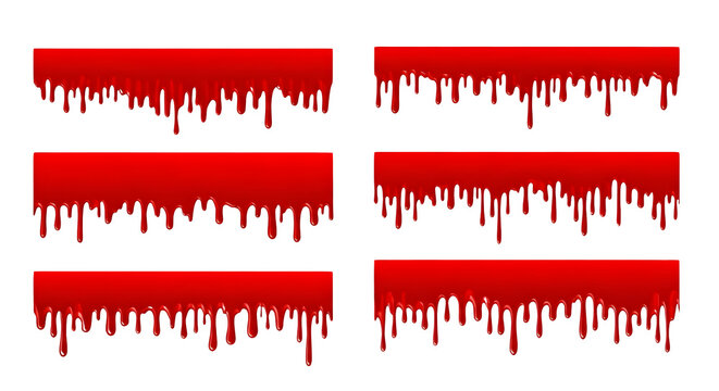 Set of dripping red liquid borders isolated on a transparent background for creative graphic design and spooky holiday horror projects