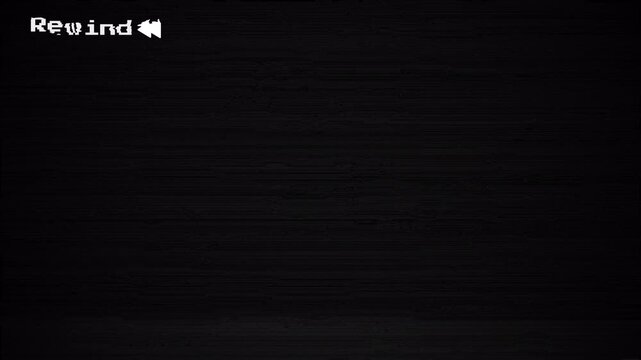 Glitches error text &lsquo;rewind&rsquo; from an old tape or old TV. No signal tv glitch effect. Retro Purple VHS Rewind Interface with Pixel Font and Analog Scanline Distortion 4k video