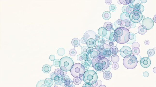 Abstract illustration of blue and purple molecular structures and transparent spheres on white background