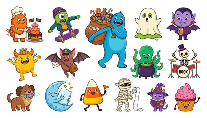 Naklejka premium Cute Halloween Monster Character Set with Ghost, Vampire, Skeleton, Mummy, Bat, Cauldron and Spooky Cartoon Creatures