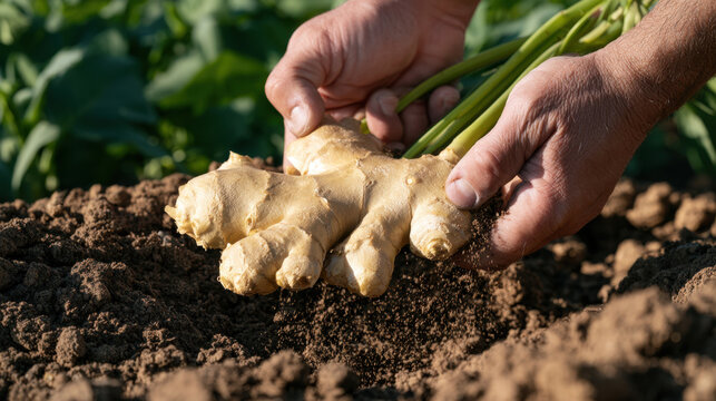 Farmer hands lifting a freshly harvested ginger rhizome from rich cultivated soil in an agricultural field