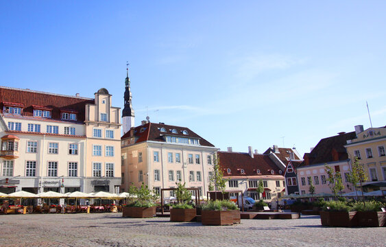 Raekoja Plats in Tallinn Old Town, Estonia, Historic Town Square with Medieval Architecture, Colorful Buildings, Cafes and Restaurants in the Heart of the Estonian Capital