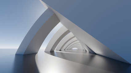 Naklejka premium Futuristic white architectural tunnel with repetitive curved geometric arches. Ideal background for modern technology presentations, corporate branding, digital art, and luxury design projects