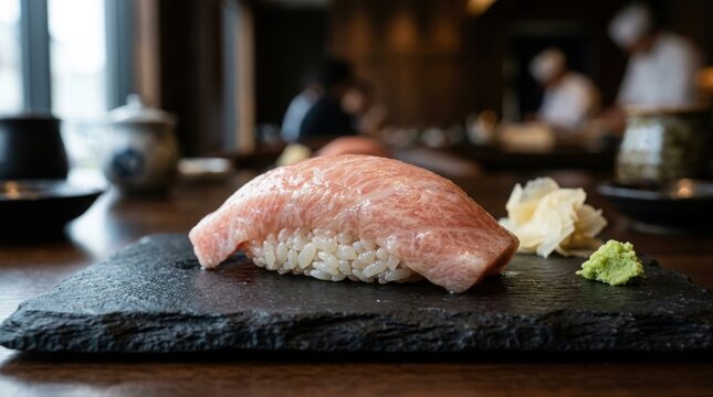 A fresh piece of otoro nigiri sushi placed on a black stone plate with ginger and wasabi nearby.