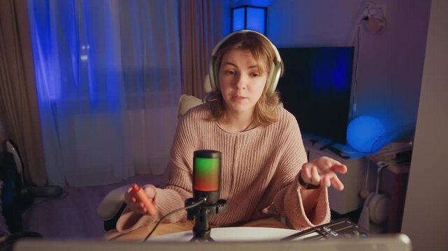Young woman seated at home desk in knit sweater and headphones, speaking into desktop microphone with expressive hand gestures, mug nearby, warm front light and cool blue backlight