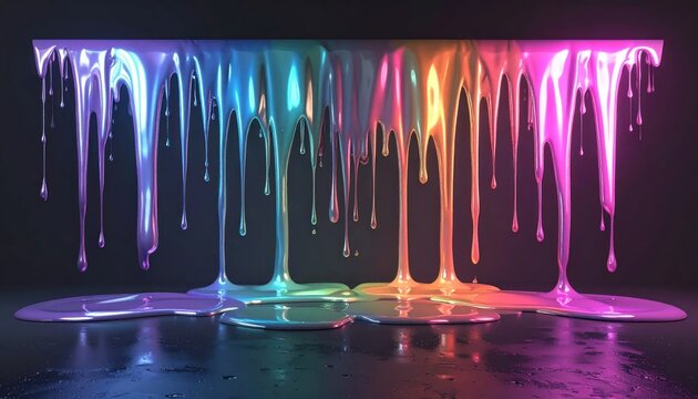 Vibrant iridescent paint drips falling onto dark surface
