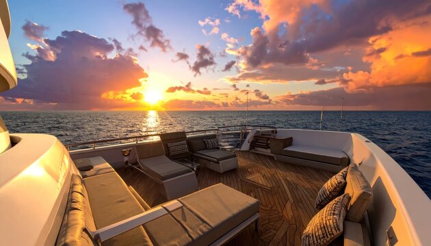 Luxury yacht deck at sunset with ocean view