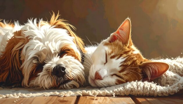 Fluffy dog and orange cat sleeping together on cozy blanket