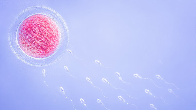 Human egg cell and sperm approach ovum for fertilization, reproductive medicine, IVF fertility treatment and conception.