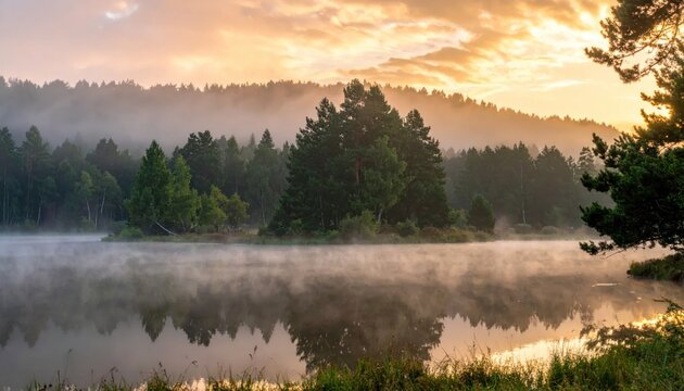 Misty forest lake under a golden sunrise sky