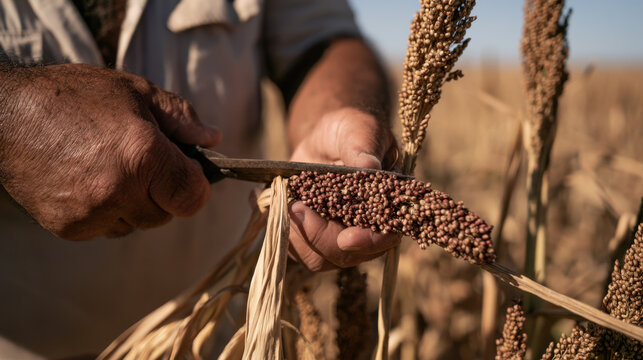 Farmer harvesting mature sorghum by hand, cutting a heavy grain head in a dry agricultural field