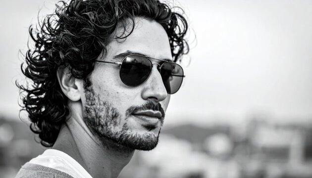 Handsome young man with curly hair wearing sunglasses outdoors