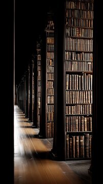 A long hallway lined with tall bookcases filled with antique books.