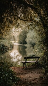Tranquil park bench by a serene waterway.