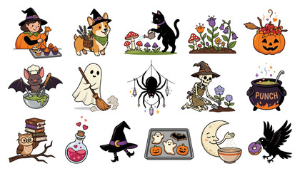 Fototapeta premium Cute Halloween Sticker Set with Witch, Black Cat, Ghost, Skeleton, Cauldron, Raven and Magical Characters