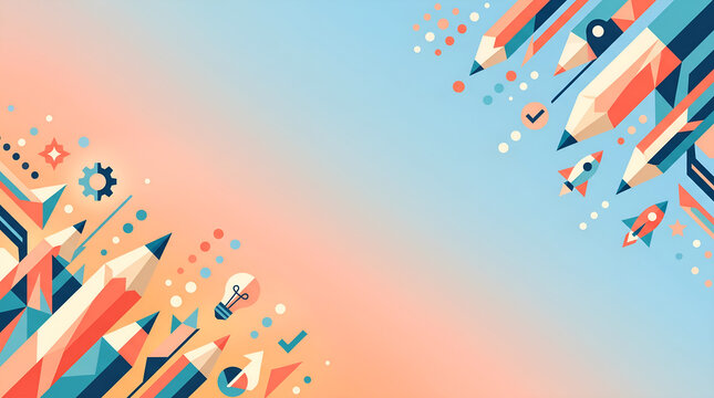 Abstract background with geometric pencils rockets and light bulb icons for education and creativity