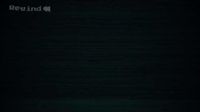 No signal tv glitch effect. Pixelated rewind text on dark static background. Stylized vintage interface for vertical mobile video transitions.