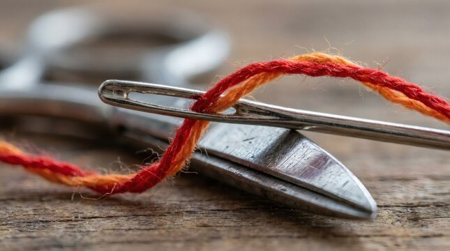 Macro shot of a sewing needle being threaded with bright red and orange yarn on a rustic wooden background.