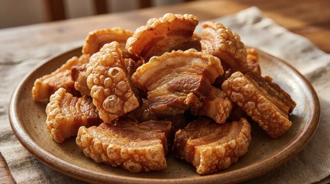 Crispy fried pork belly, also known as Lechon Kawali or Bagnet, with golden crunchy skin and succulent meat, served on a rustic plate on a wooden table.