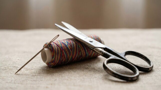 Close-up of sewing essentials: colorful thread spool, vintage metal scissors, and a needle on textured fabric.