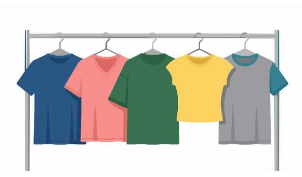 Colorful T-shirts on hanger metal clothing rack flat vector illustration