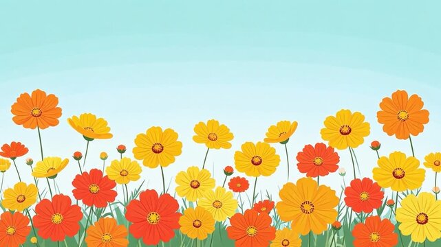 鮮やかな黄色とオレンジ色のコスモスが軽やかに揺れる明るい花畑のイラスト　文字入れスペースを確保した背景動画素材　シンプルで清潔感のあるグラフィックデザイン　オンライン会議やウェビナーの背景にも対応するシームレスループ再生可能な高画質の映像素材