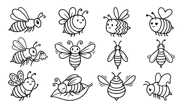 Cute cartoon bee hand drawn doodle outline vector icon collection