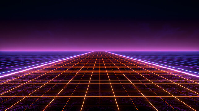 Abstract cyberspace grid landscape, metaverse and virtual reality concept with glowing neon purple and orange laser lines