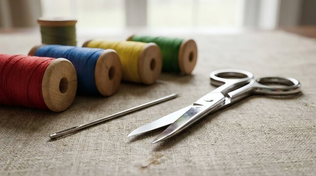 Colorful sewing threads, needle, and scissors on a textured surface for crafting