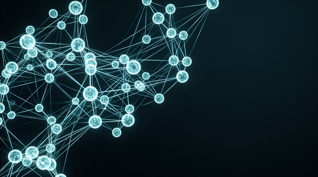 Blue digital network of interconnected glowing spheres and lines representing technology data and science