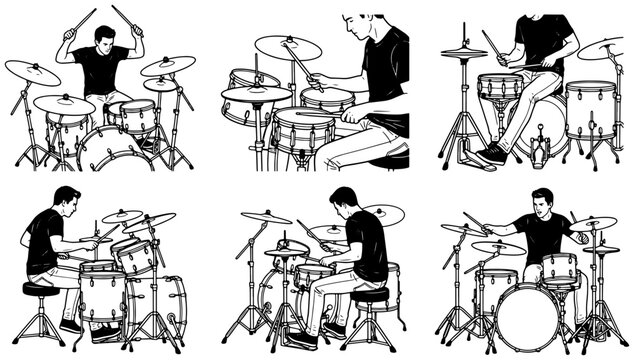 Set of black and white vector illustrations featuring a musician playing a drum kit in various poses