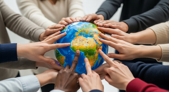 Group of diverse people holding and touching a globe together representing global unity and environmental cooperation