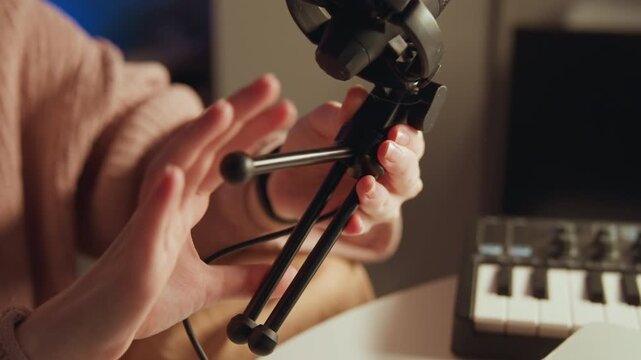 Close-up of hands tightening shock mount and positioning large-diaphragm microphone on small tripod at tabletop; fingers guide metal legs and thread cable while angling microphone for recording
