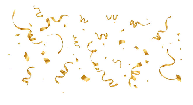 Falling golden serpentine ribbons and metallic confetti isolated on a clean transparent background for festive party celebrations