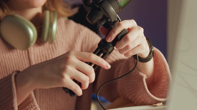 Close-up view of person turning clamp and adjustment knob on condenser microphone mount beside laptop, with headphones nearby and focused hands preparing compact desk setup for audio work