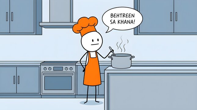 Stick figure chef cooking in a modern kitchen with a speech bubble illustration