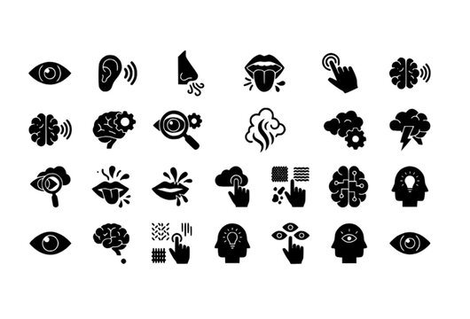 Five senses glyph icon pack with vision hearing smell taste and touch perception symbols