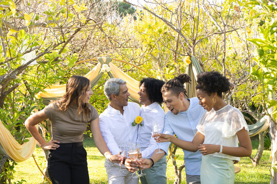 Diverse friends and family clinking stemmed glasses, wearing yellow boutonniere by drapery on lawn