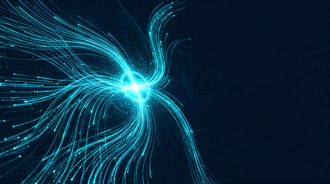 Abstract blue glowing digital light trails flowing from a central point on dark background