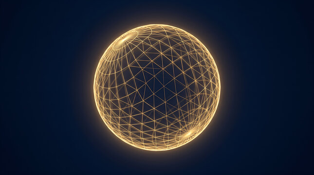 Abstract glowing gold digital sphere with wireframe mesh grid over dark blue background