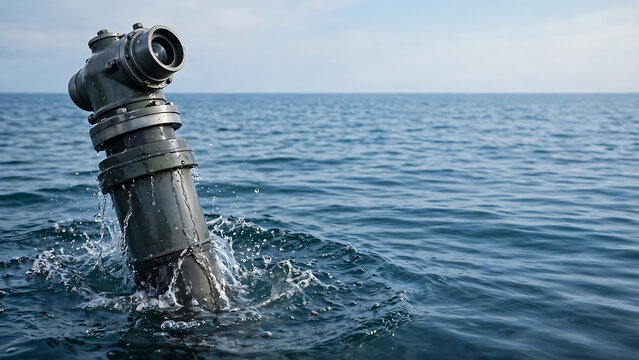 Submarine periscope emerging from the deep ocean water surface concept of surveillance and naval reconnaissance