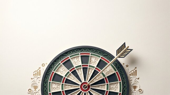 Successful business strategy concept featuring arrow hitting bullseye on decorative dartboard for growth and achievement goals
