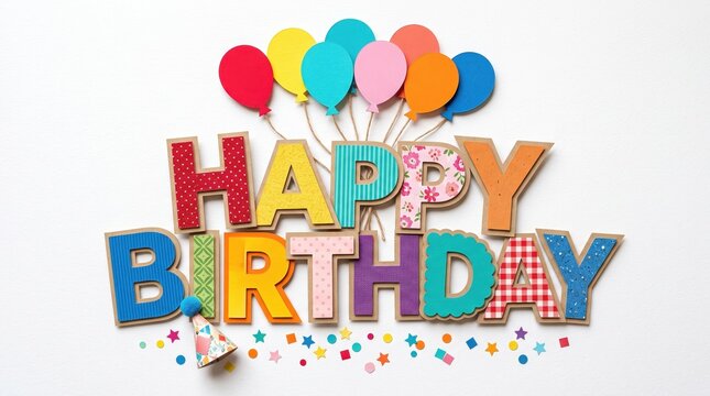 Bright happy birthday text illustration with colorful balloons and party hats
