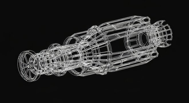Wireframe schematic of a futuristic engine or industrial machine.