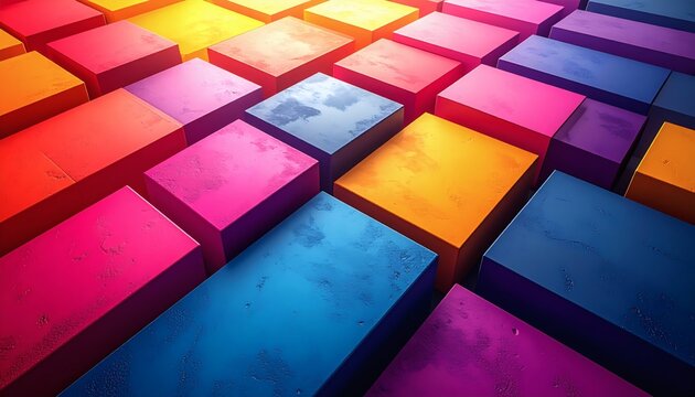Abstract background of vibrant multicolored rectangular blocks arranged in a textured geometric pattern with dimensional perspective