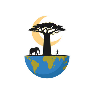 Symmetrical Habitat Poster with Baobab Tree, Elephants, and Moon