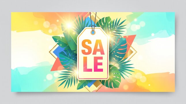 Summer SALE Promotion Banner with Bright Tropical Colors and Discount Tag