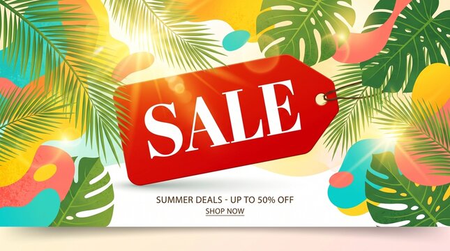 Summer SALE Promotion Banner with Bright Tropical Colors and Discount Tag